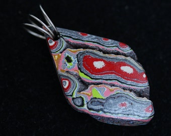 Fordite Pendant, red yellow pink lime green light blue maroon black, silver colored Coiled bail 17ct