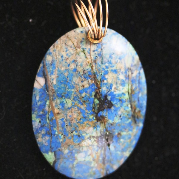 Chessylite Pendant, Azurite Malachite Chrysocolla, blue green aqua, gold Coiled bail 43ct