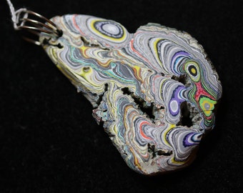 Fordite Pendant, blue white gray black yellow, "Theory Full of Holes", silver-colored Coiled bail 33.5ct