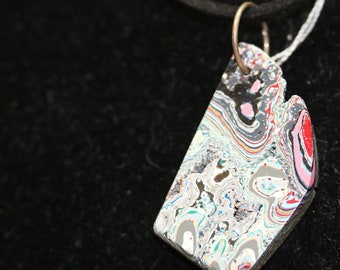 Fordite Pendant, pink gray, silver bail, 14ct