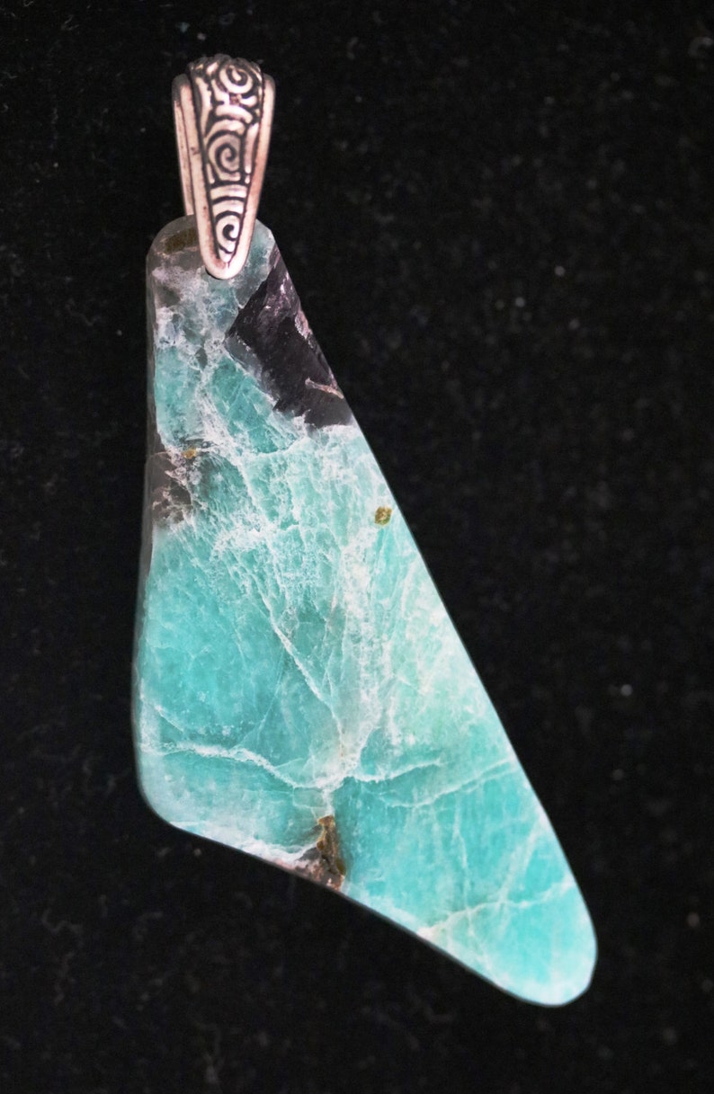 Natural Amazonite Pendant Necklace from Colorado; Amazonite comes from Colorado near Pike/'s Peak pewter bail 64ct aqua white black