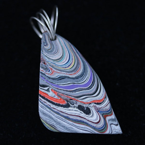 Fordite Pendant, purple light blue yellow black white pink gray, gold Coiled bail 19ct; dried paint from the Ford plant spray paint booth