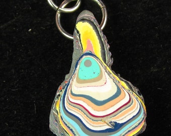 Fordite Pendant, pale yellow green tan light orange, cyan, silver jumps bail 10.5ct (2); dried paint from the Ford plant spray paint booth