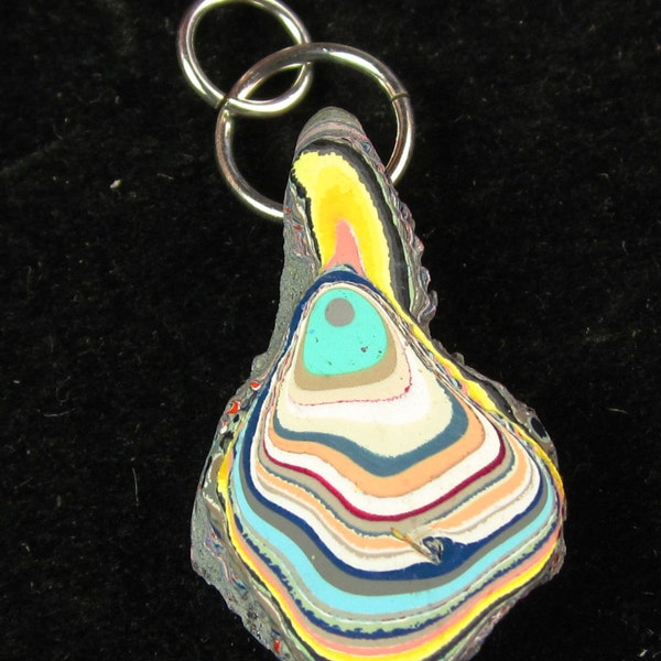 Fordite Pendant, pale yellow green tan light orange, cyan, silver jumps bail 10.5ct (2); dried paint from the Ford plant spray paint booth