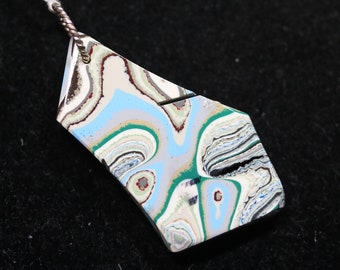 Fordite Pendant, blue white gray black tan, "Pretty Pentagon", silver Sparkle jump bail 12.5ct