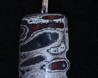 Fordite Pendant, "Detroit Agate", black silver maroon, silver Coiled bail 25.5ct; Fordite is dried paint from the plant spray paint booth
