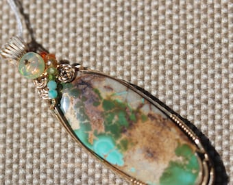 Royston Turquoise Pendant with beads and gold wire wrap 38.5ct, December Birthstone