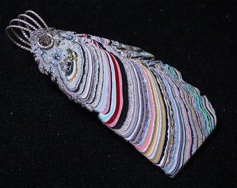 Fordite Pendant, aqua white black maroon pink yellow, "Inverted Rainbow, silver Coiled bail 37ct