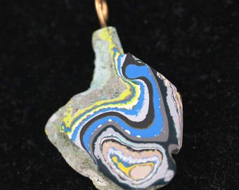 Fordite Pendant, blue green white gray peach, "Waterbag", brass bail 20ct; Fordite is dried paint from the plant spray paint booth