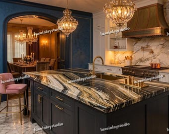 Luxury Black Rainbow Onyx Kitchen Island Countertop Custom Designer Translucent Gemstone Slab Bespoke Statement Kitchen Surface