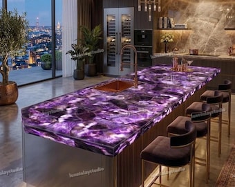 Encimera de isla de cocina de lujo con amatista, losa de piedra preciosa hecha a mano, tablero de mesa de piedra semipreciosa, decoración única para el hogar con amatista púrpura.
