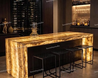 Encimera de isla de cocina de ónix retroiluminada de lujo, barra de ónix miel hecha a mano a medida, encimera de piedra natural translúcida, decoración moderna para el hogar.