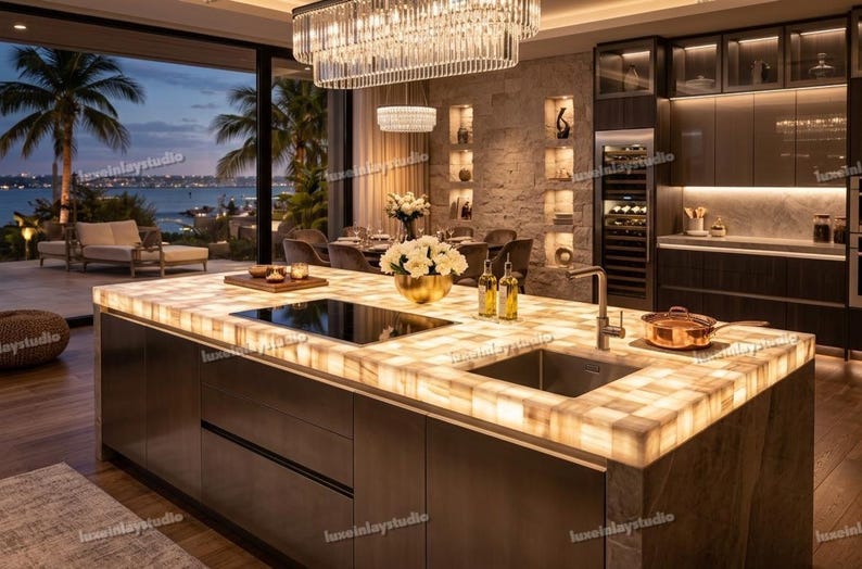 Backlit Onyx Kitchen Island Countertop: Custom Natural Stone Breakfast ...