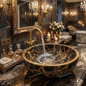 Op de afbeelding: Een luxueuze badkamer met een zwart en goudkleurig patroon wastafel en een gouden kraan. De wastafel staat op een marmeren aanrecht, aangevuld met een goudomrand spiegel en wandkandelaars. Decoratieve flessen en kaarsen dragen bij aan de weelderige sfeer.