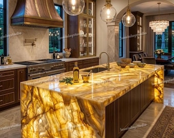 Backlit Yellow Onyx Kitchen Island Countertop Luxury Honey Onyx Slab Custom Natural Stone Kitchen Top Translucent Gemstone Counter