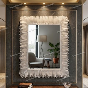 Handmade Selenite Crystal Wall Mirror: Luxury Rectangular Stick Frame Décor