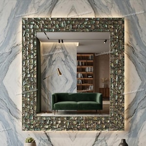 Handmade Abalone Shell Mirror: Mother of Pearl Inlay Mosaic Wall Decor Coastal Art