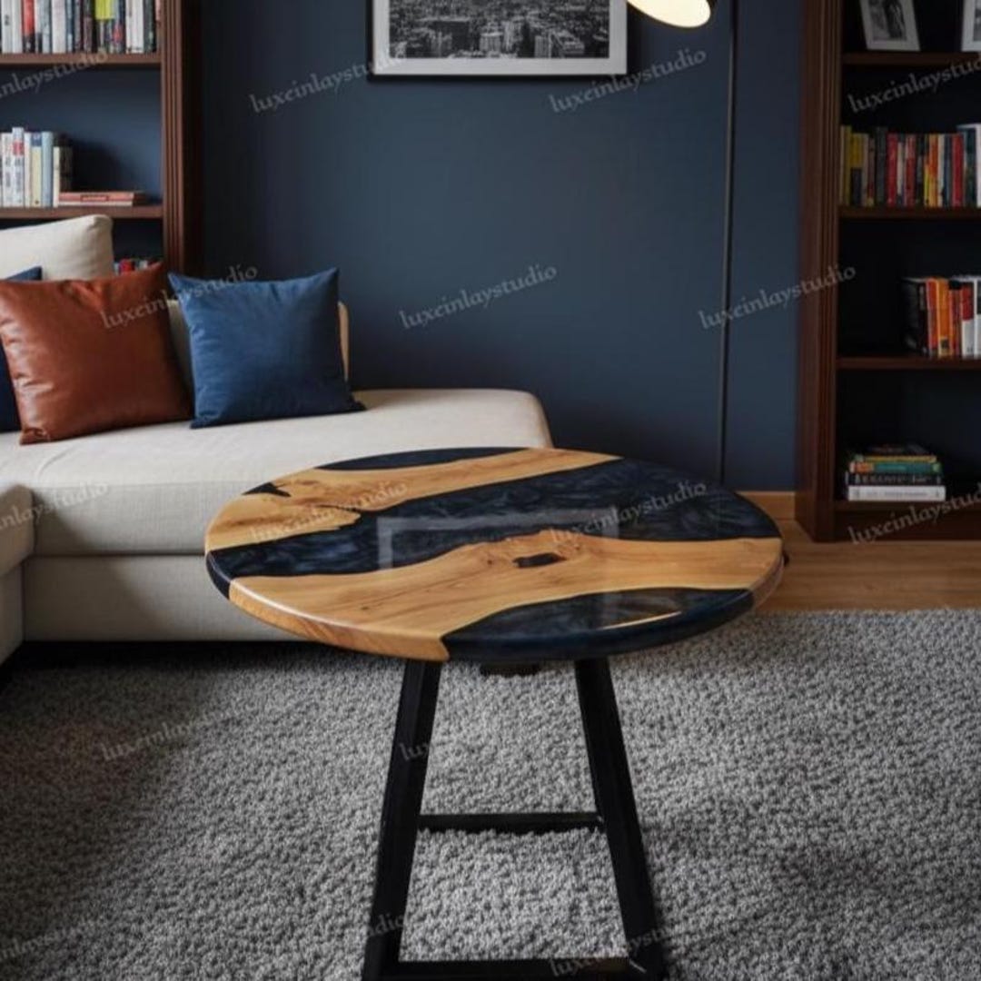 Acacia Wood Coffee Table Black Epoxy Resin Design With Walnut Accent ...