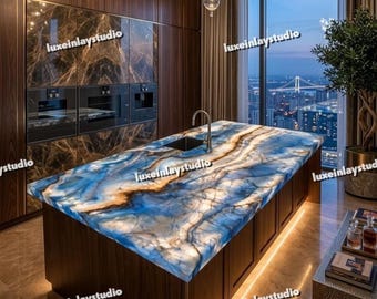 Custom Blue Onyx Kitchen Island Countertop Backlit Gemstone Slab for Luxury Kitchens Exotic Blue Onyx Stone Tabletop
