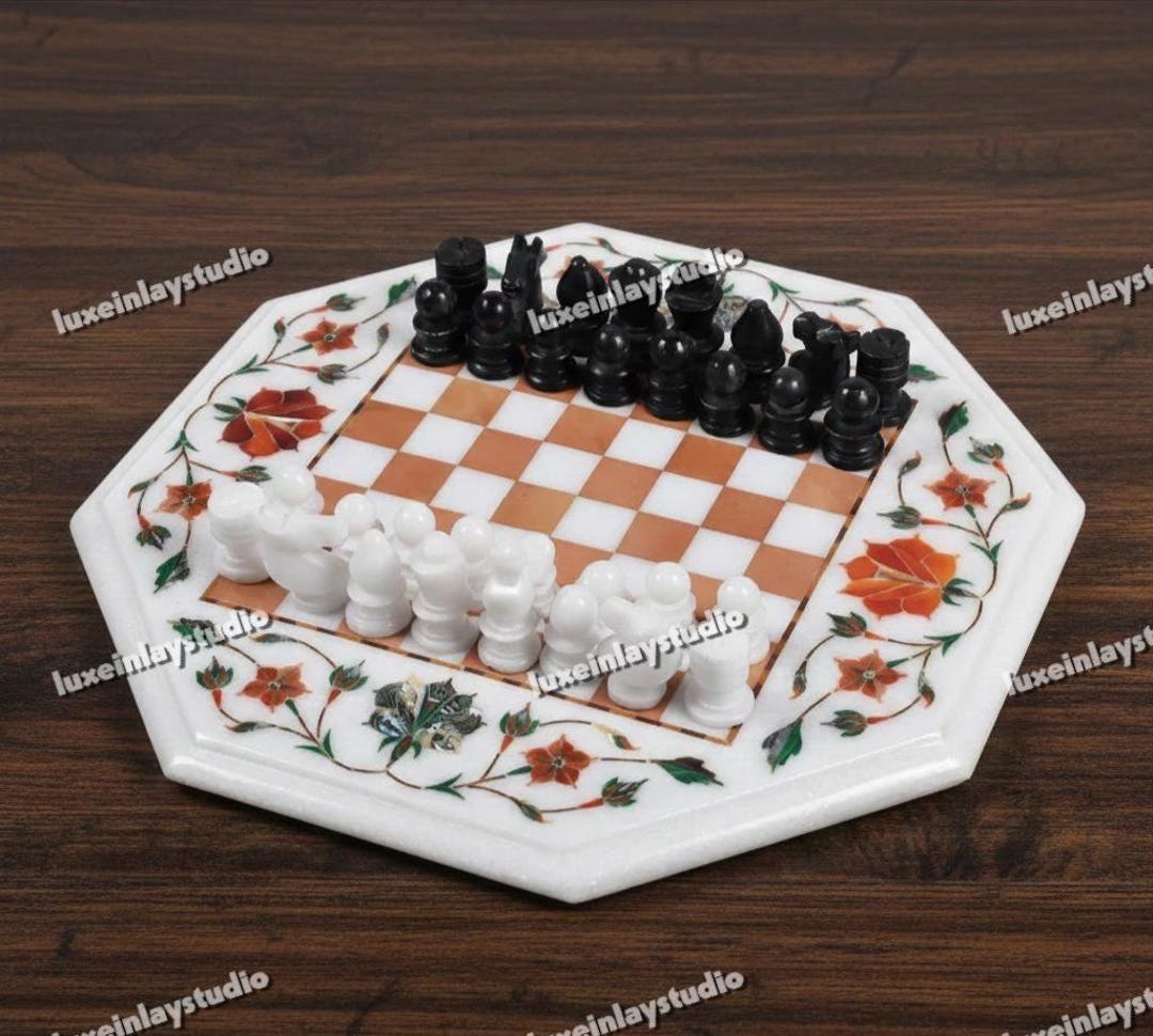 Handcrafted Marble Chess Set: Pietra Dura Red Jasper Inlay, Octagonal ...