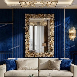 Handmade Natural Agate Wall Mirror Rectangular Slice Agate Mirror Frame Luxury Stone Home Decor Large Statement Mirror for Living Room