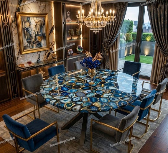 Handcrafted Blue Agate Geode Round Statement Table – Luxury Interior Furniture