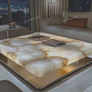 White Quartz Coffee Table: Backlit Natural Stone, Modern Floating Design