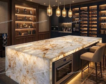 Piano di lavoro a cascata in onice bianco: isola cucina/bar in pietra naturale retroilluminata