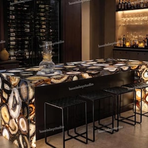 Handcrafted Natural Agate Countertop Gemstone Kitchen Island Top Bespoke Backlit Bar Counter Luxury Stone Furniture for Home & Office