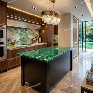 May include: A modern kitchen with a dark wood finish, featuring a vibrant green countertop island. The kitchen includes a built-in oven, a marble backsplash, and a decorative chandelier. The floor is a light brown marble.