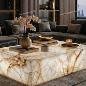Modern Onyx Block Coffee Table Natural Veined Stone Furniture Luxury Minimalist Centerpiece White Onyx Low Profile Table