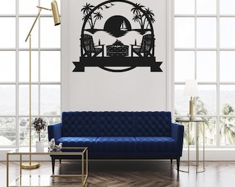 May include: Black metal wall art depicting a beach scene with palm trees, a sailboat, and a sunset. The design includes two Adirondack chairs, a fire pit, and a banner. This decorative piece is ideal for coastal or beach-themed decor.