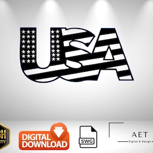 May include: Black and white USA graphic design. The letters "USA" are stylized with the American flag design. The "U" has stars, and the "S" and "A" have stripes. The image also includes "Digital Download" and "High Quality" icons.