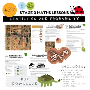 May include: A digital download for Stage 3 Maths lessons on statistics and probability. The image features lesson plans, activity sheets, and hands-on activities. Includes dinosaur-themed probability exercises and a dinosaur skeleton graphic. The PDF download is available.