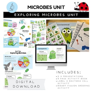Könnte beinhalten: Digitaler Download eines Microbes Unit-Leitfadens. Das Bild zeigt farbenfrohe Illustrationen von Bakterien, Diagrammen und dem Text "Exploring Microbes Unit". Enthält Präsentationen, ein Arbeitsbuch und Aktivitäten.