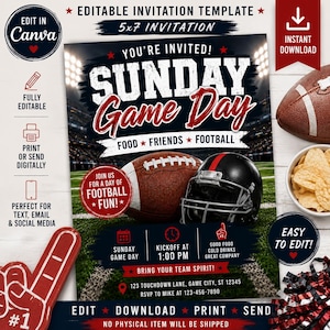 May include: An editable 5x7 inch invitation template for a Sunday Game Day football event. The design features a stadium background, a football, a helmet, and text including 'You're Invited', 'Sunday Game Day', 'Food, Friends, Football', and event details.