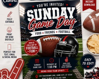 May include: An editable 5x7 inch invitation template for a Sunday Game Day football event. The design features a stadium background, a football, a helmet, and text including 'You're Invited', 'Sunday Game Day', 'Food, Friends, Football', and event details.