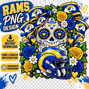 Puede incluir: Un diseño gráfico digital que muestra una calavera de azúcar adornada con flores azules y amarillas, con un lazo con el logo de los Rams. Un casco de fútbol americano se sitúa bajo la calavera, rodeado de rosas y margaritas. Texto: RAMS PNG DESIGN.