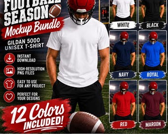 Football Season Mockup Bundle | Gildan 5000 Football Mockup | Football Player Mockup  | 12 Color PNG Bundle | Instant Download