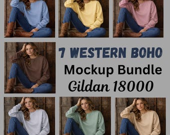 Western Boho Sweatshirt Mockup Bundle | Gildan 18000 (Digital Download)