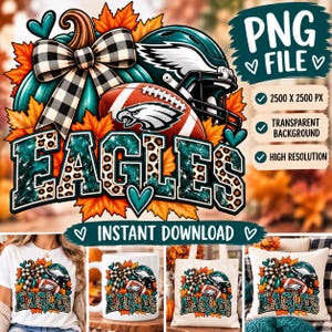 Peut inclure: Un design graphique numérique représentant une citrouille sarcelle avec un nœud à carreaux noir et blanc, un casque de football, un ballon de football et des feuilles d'automne. Le mot EAGLES est écrit en grandes lettres avec un motif léopard.