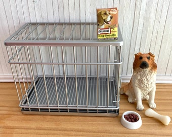 Miniature Dog Crate, Dog, and Accessories