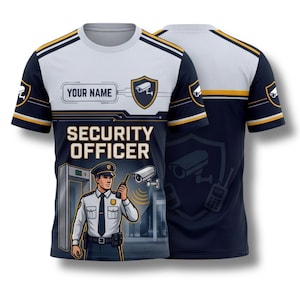 May include: White and navy blue security officer t-shirt. The front features a security officer illustration, the words "SECURITY OFFICER", and a space for a name. The back of the shirt is navy blue with a shield graphic and yellow accents.
