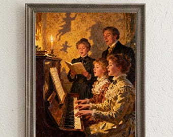 Vintage Family Caroling Christmas Print, Holiday Wall Art (Digital Download)