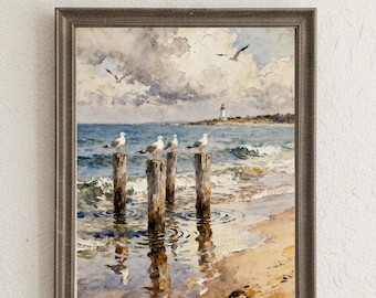 Vintage kust zomer meeuwen print, klassieke landschapskunst aan de muur (digitale download)