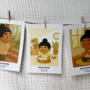 May include: Three illustrated cards showing a child performing different actions. The cards are labelled "Look outside", "Read a book", and "Say 'Waheguru'" with text in English and another language. The illustrations use a warm colour palette.
