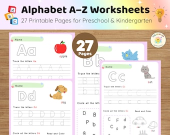 Può includere: Fogli di lavoro dell'alfabeto A-Z per la scuola materna e dell'infanzia. L'immagine mostra diverse pagine con lettere, esercizi di tracciamento e illustrazioni di una mela, un cane e un gatto. Il testo include "27 pagine stampabili".