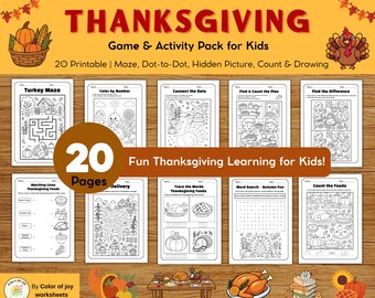 May include: Thanksgiving-themed activity pack for kids. Includes 20 printable pages with mazes, dot-to-dots, hidden pictures, and more. Features colorful illustrations of turkeys, pumpkins, and Thanksgiving foods. The text says "Fun Thanksgiving Learning for Kids!"