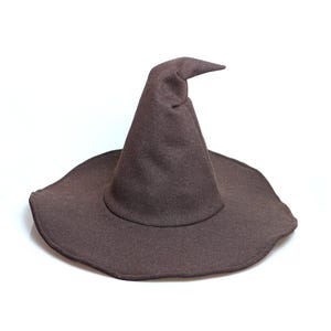 May include: A dark brown pointed hat with a wide, circular brim and a tall, slightly slumped crown. The hat features a soft, felt-like texture throughout its surface, with a distinct fold near the top of the cone and a wavy, uneven brim edge.