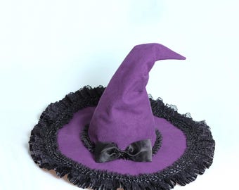 Purple Wizard Hat For Halloween Costume: Felt Bow With Black Accessories Magic Hat